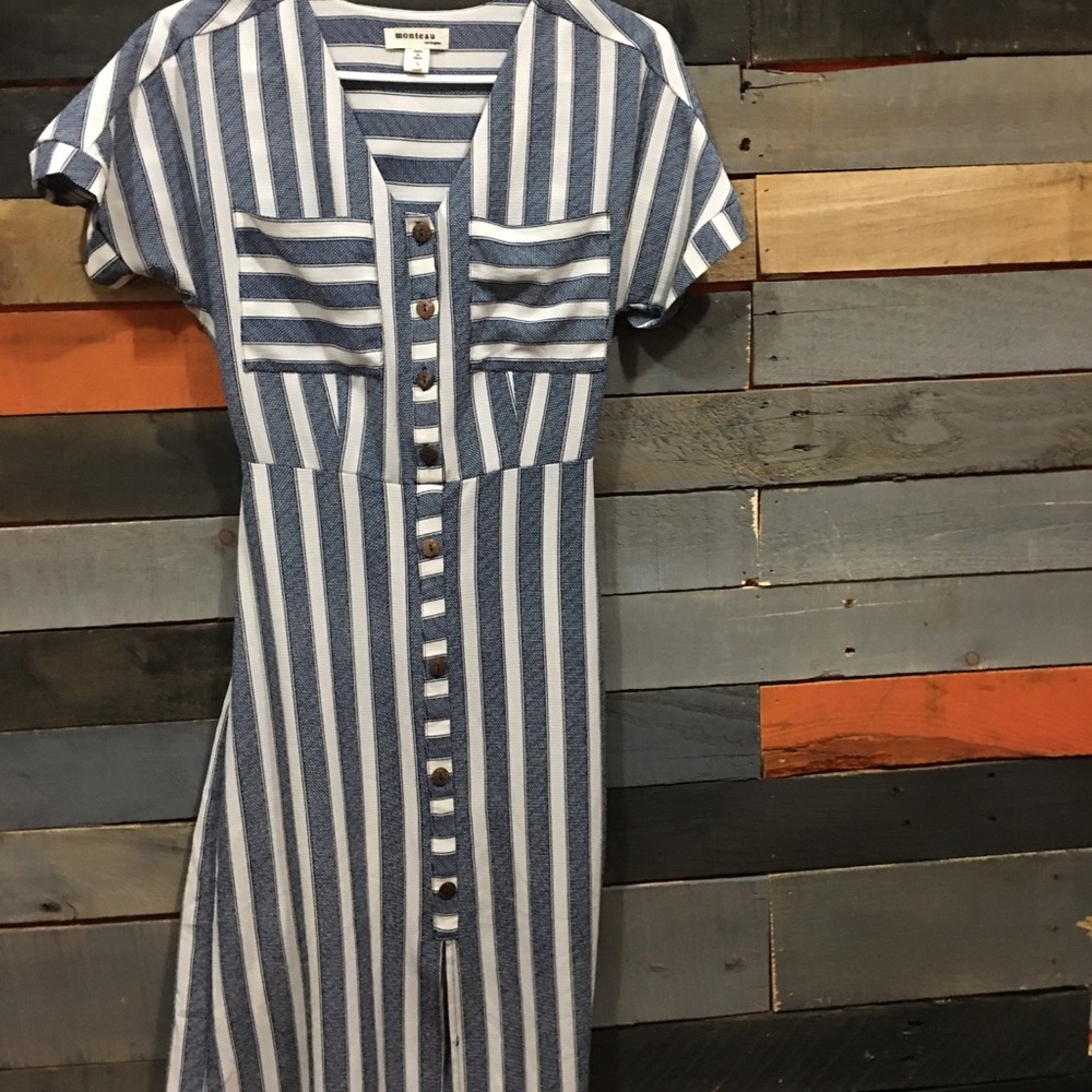Blue and white striped dress